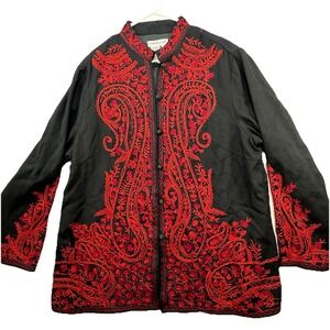 Coldwater Creek Sz XL Petite Embroidered 100% Wool Tunic Blazer Jacket Boho